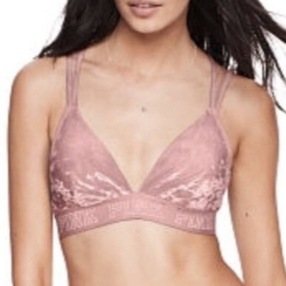 Pink‎ Victorias Secret Womens Bralette Velvet Medium Pink Strappy Warm